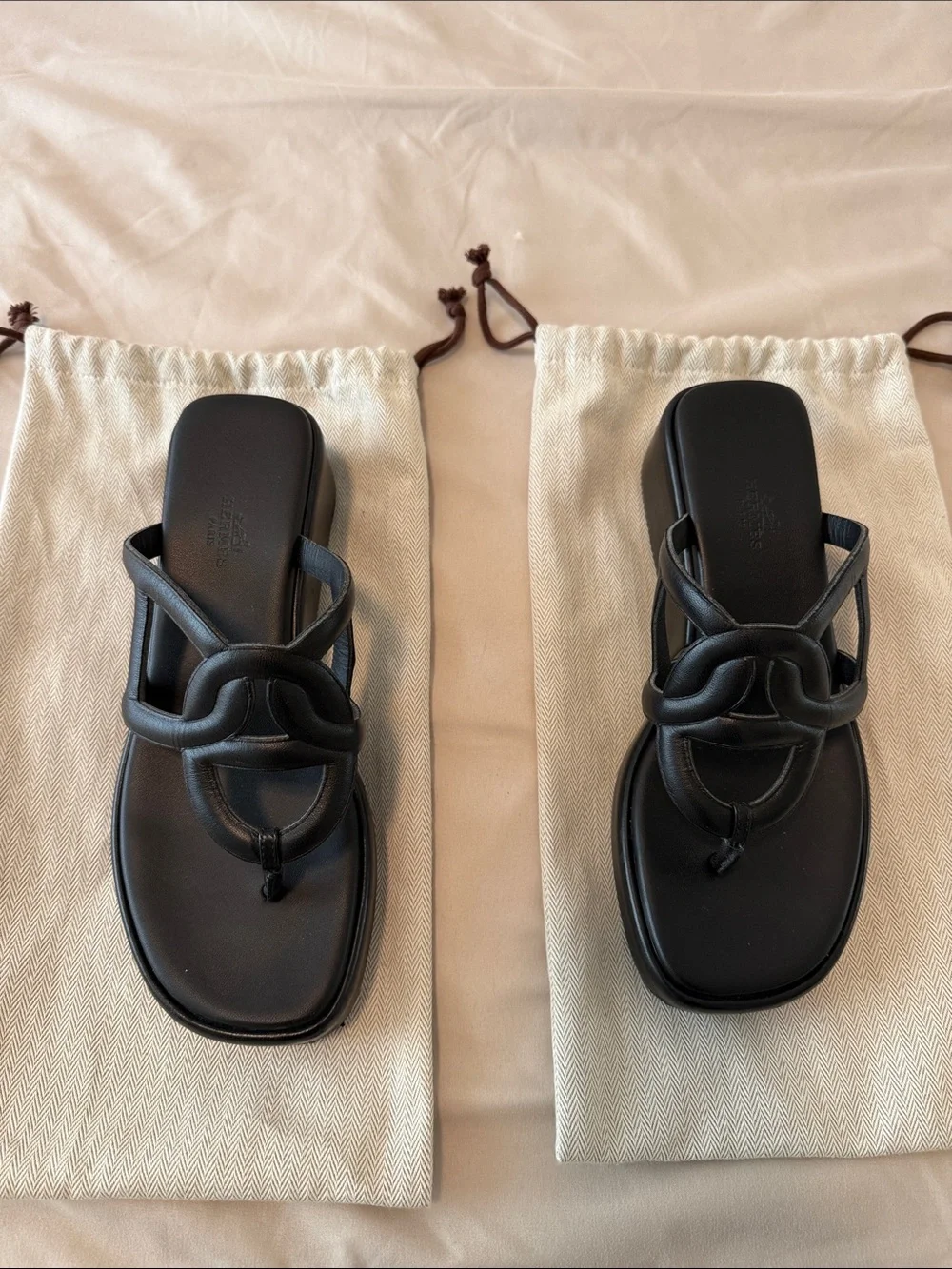 Hermes Lipari Black Leather Thong Platform Sandals